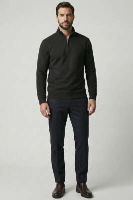 Yarım Fermuar Fitilli Erkek Sweatshirt Siyah - Erkek Sweatshirt