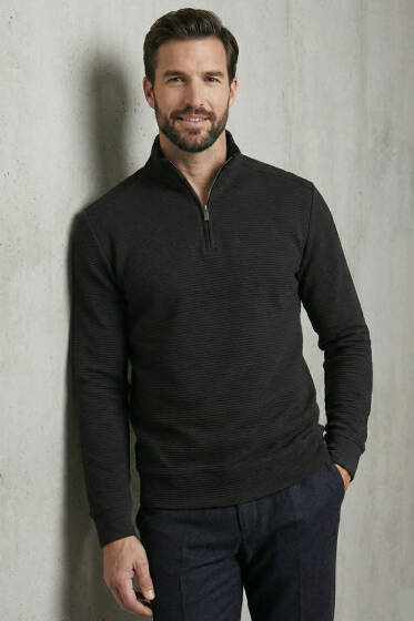 Yarım Fermuar Fitilli Erkek Sweatshirt Siyah - Erkek Sweatshirt
