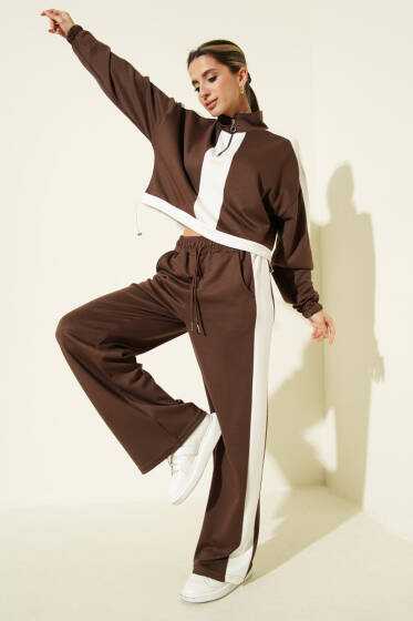 Yarım Fermuar Loyşa Sweat İkili Takım Kahve - Kadın Giyim Modelleri