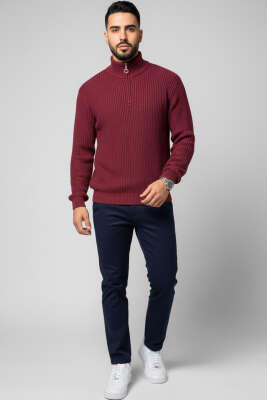 Yarım Fermuar Pirinç Örgü Erkek Kazak Bordo - Erkek Kazak