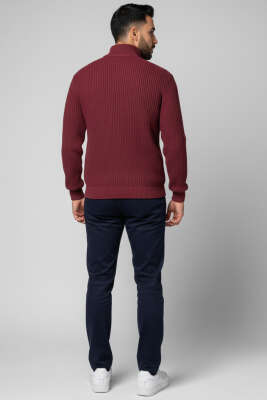 Yarım Fermuar Pirinç Örgü Erkek Kazak Bordo - Erkek Kazak