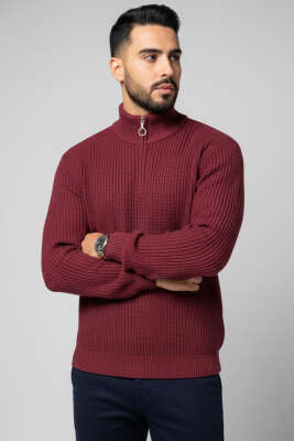 Yarım Fermuar Pirinç Örgü Erkek Kazak Bordo 