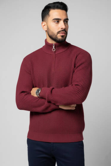 Yarım Fermuar Pirinç Örgü Erkek Kazak Bordo - Erkek Kazak