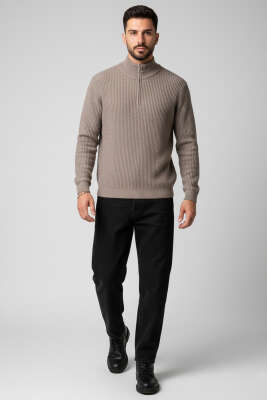 Yarım Fermuar Pirinç Örgü Erkek Kazak Bronz - Erkek Kazak