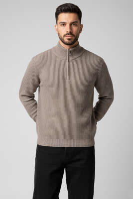 Yarım Fermuar Pirinç Örgü Erkek Kazak Bronz - Erkek Kazak