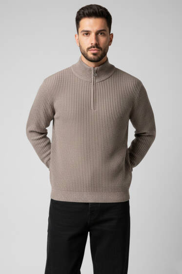 Yarım Fermuar Pirinç Örgü Erkek Kazak Bronz - Erkek Kazak