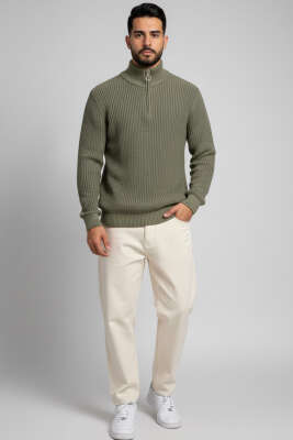 Yarım Fermuar Pirinç Örgü Erkek Kazak Çağla Yeşili - Erkek Kazak