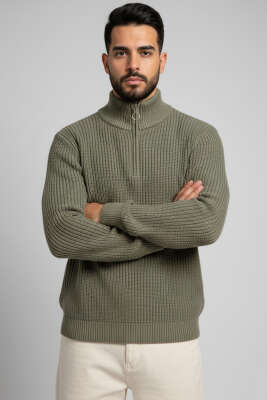 Yarım Fermuar Pirinç Örgü Erkek Kazak Çağla Yeşili 