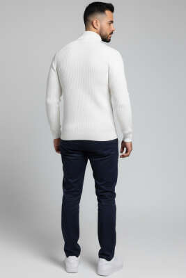 Yarım Fermuar Pirinç Örgü Erkek Kazak Ekru - Erkek Kazak