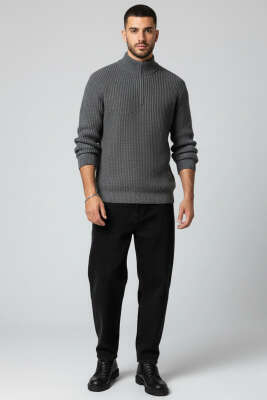 Yarım Fermuar Pirinç Örgü Erkek Kazak Füme - Erkek Kazak