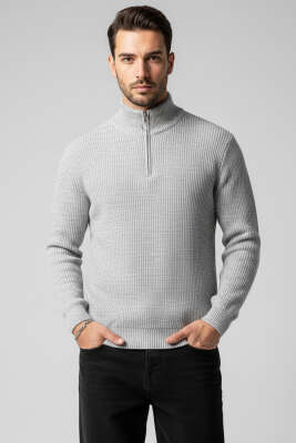 Yarım Fermuar Pirinç Örgü Erkek Kazak Gri 