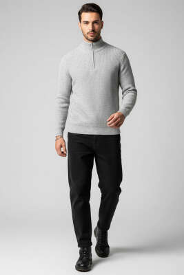 Yarım Fermuar Pirinç Örgü Erkek Kazak Gri - Erkek Kazak