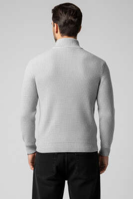 Yarım Fermuar Pirinç Örgü Erkek Kazak Gri - Erkek Kazak