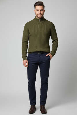 Yarım Fermuar Pirinç Örgü Erkek Kazak Haki - Erkek Kazak