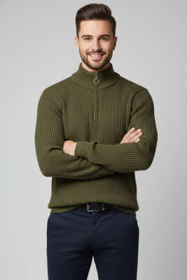 Yarım Fermuar Pirinç Örgü Erkek Kazak Haki 