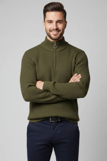 Yarım Fermuar Pirinç Örgü Erkek Kazak Haki - Erkek Kazak