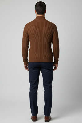 Yarım Fermuar Pirinç Örgü Erkek Kazak Kahve - Erkek Kazak