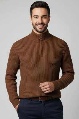 Yarım Fermuar Pirinç Örgü Erkek Kazak Kahve 