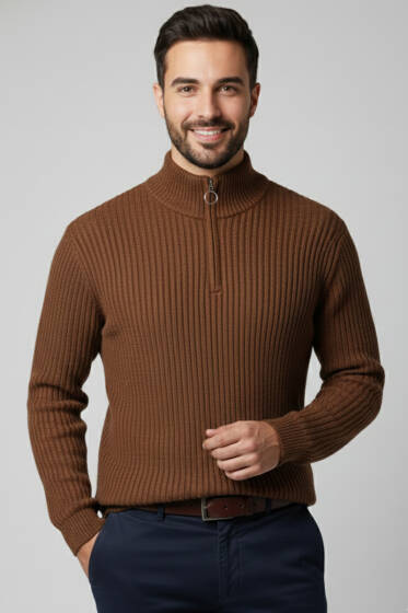 Yarım Fermuar Pirinç Örgü Erkek Kazak Kahve - Erkek Kazak