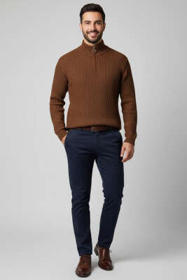 Yarım Fermuar Pirinç Örgü Erkek Kazak Kahve - Erkek Kazak