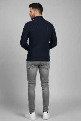 Yarım Fermuar Pirinç Örgü Erkek Kazak Lacivert - Erkek Kazak