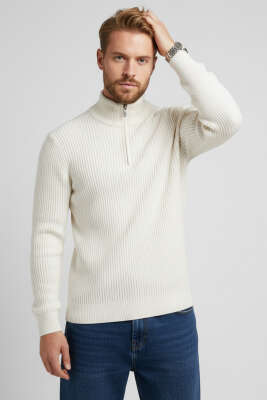 Yarım Fermuar Pirinç Örgü Erkek Kazak Taş 