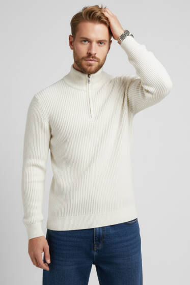 Yarım Fermuar Pirinç Örgü Erkek Kazak Taş - Erkek Kazak