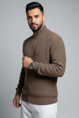 Yarım Fermuar Pirinç Örgü Erkek Kazak Vizon - Erkek Kazak