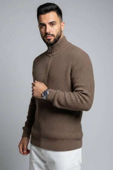 Yarım Fermuar Pirinç Örgü Erkek Kazak Vizon - Erkek Kazak