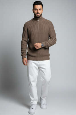 Yarım Fermuar Pirinç Örgü Erkek Kazak Vizon - Erkek Kazak