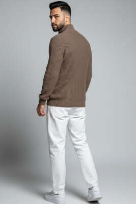 Yarım Fermuar Pirinç Örgü Erkek Kazak Vizon - Erkek Kazak