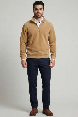 Yarım Fermuar Polar Erkek Sweatshirt Camel - Erkek Sweatshirt