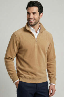 Yarım Fermuar Polar Erkek Sweatshirt Camel 
