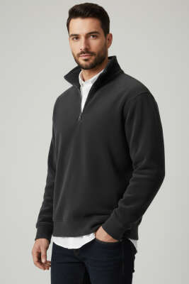 Yarım Fermuar Polar Erkek Sweatshirt Füme 