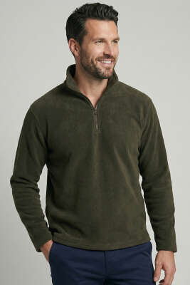 Yarım Fermuar Polar Erkek Sweatshirt Haki 