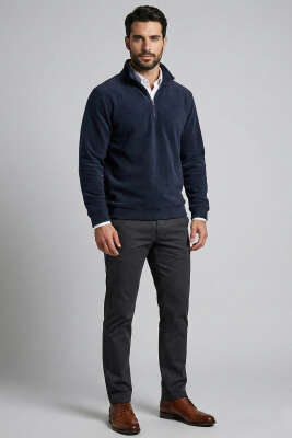 Yarım Fermuar Polar Erkek Sweatshirt Lacivert - Erkek Sweatshirt