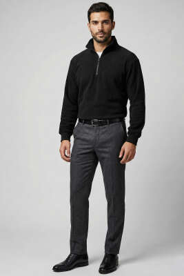 Yarım Fermuar Polar Erkek Sweatshirt Siyah - Erkek Sweatshirt