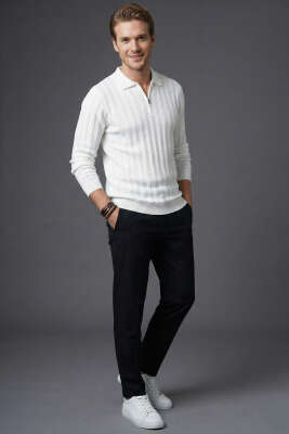 Yarım Fermuar Polo Yaka Erkek Kazak Beyaz - Erkek Kazak