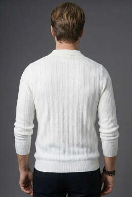 Yarım Fermuar Polo Yaka Erkek Kazak Beyaz - Erkek Kazak