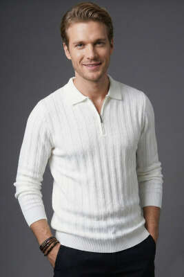 Yarım Fermuar Polo Yaka Erkek Kazak Beyaz - WİPEOUT