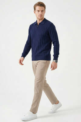 Yarım Fermuar Polo Yaka Erkek Kazak Lacivert - Erkek Kazak