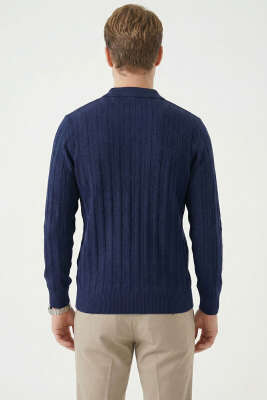 Yarım Fermuar Polo Yaka Erkek Kazak Lacivert - Erkek Kazak