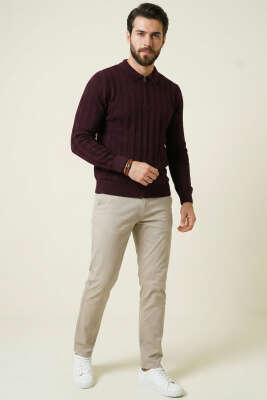 Yarım Fermuar Polo Yaka Erkek Kazak Mürdüm - Erkek Kazak