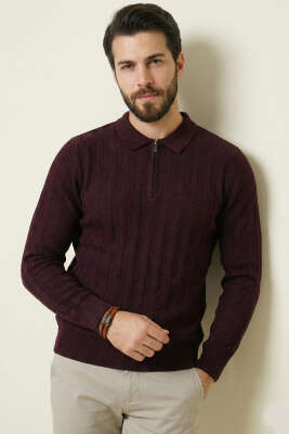 Yarım Fermuar Polo Yaka Erkek Kazak Mürdüm - WİPEOUT