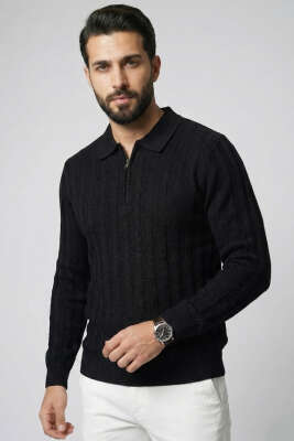 Yarım Fermuar Polo Yaka Erkek Kazak Siyah - WİPEOUT