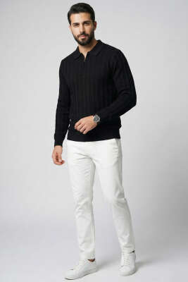 Yarım Fermuar Polo Yaka Erkek Kazak Siyah - Erkek Kazak