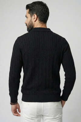 Yarım Fermuar Polo Yaka Erkek Kazak Siyah - Erkek Kazak