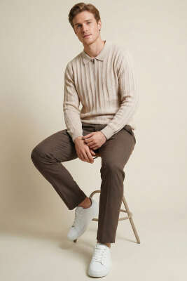 Yarım Fermuar Polo Yaka Erkek Kazak Taş - Erkek Kazak