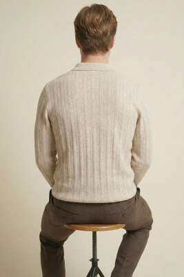 Yarım Fermuar Polo Yaka Erkek Kazak Taş - Erkek Kazak