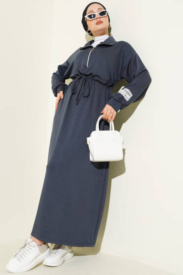 Yarım Fermuarlı Armalı Loyşa Elbise Füme - Elbise